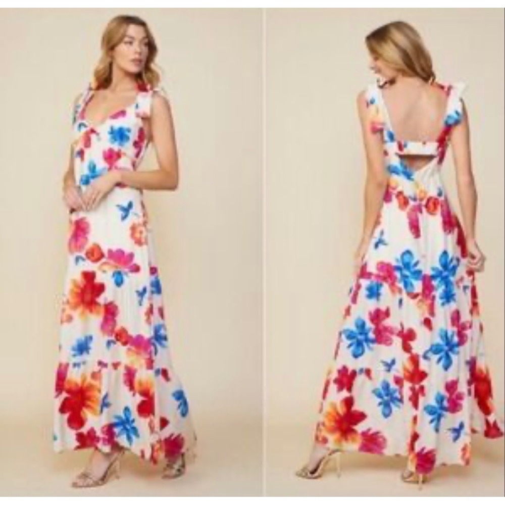 Skies Are Blue Floral Tiered Tie Shoulder Maxi Dress Cream Red Blue Size Medium